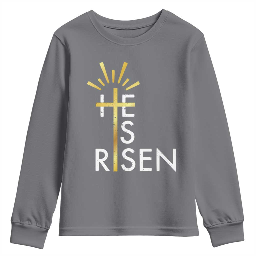He Is Risen Youth Sweatshirt Christian Easter Day Religious Bible Verse Cross
