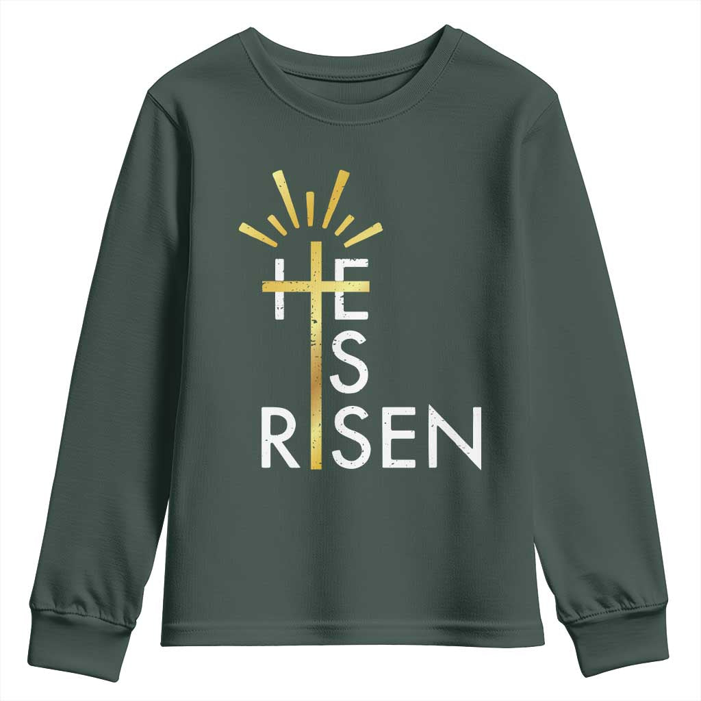 He Is Risen Youth Sweatshirt Christian Easter Day Religious Bible Verse Cross