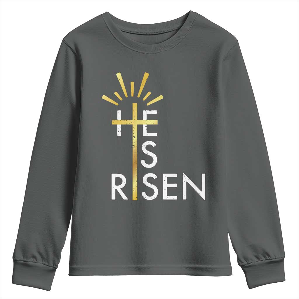 He Is Risen Youth Sweatshirt Christian Easter Day Religious Bible Verse Cross
