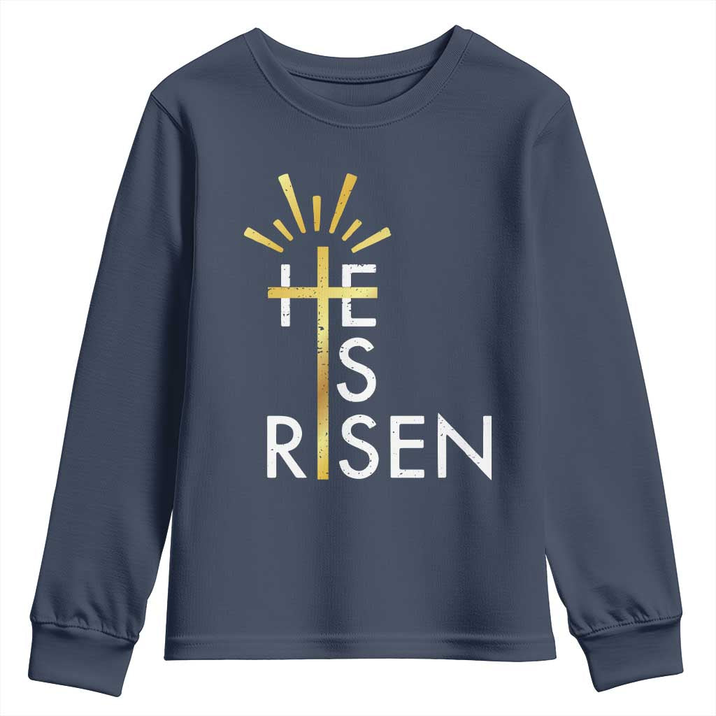 He Is Risen Youth Sweatshirt Christian Easter Day Religious Bible Verse Cross