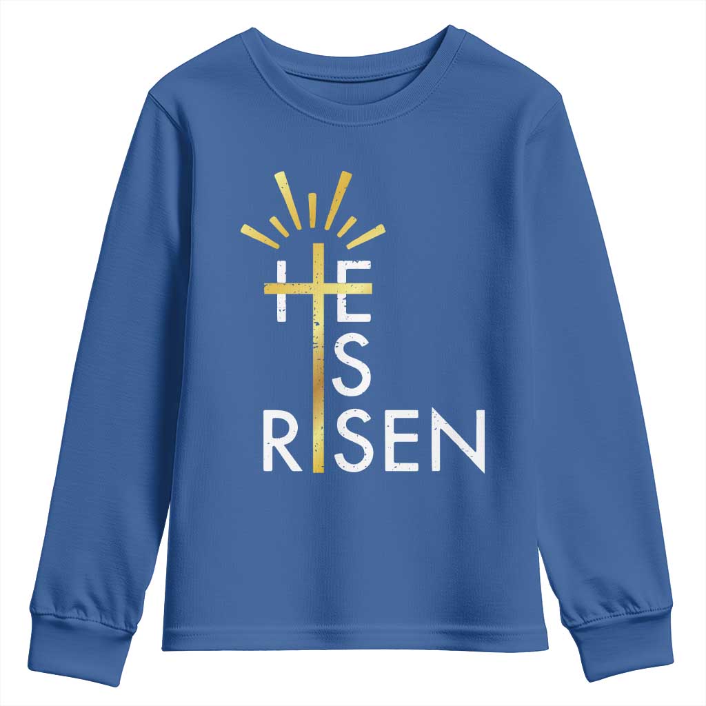 He Is Risen Youth Sweatshirt Christian Easter Day Religious Bible Verse Cross