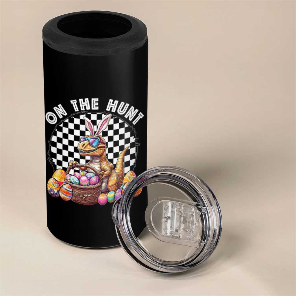 Funny Easter Day Dinosaur Bunny 4 in 1 Can Cooler Tumbler On The Hunt Egg Hunting