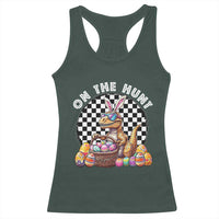 Funny Easter Day Dinosaur Bunny Racerback Tank Top On The Hunt Egg Hunting