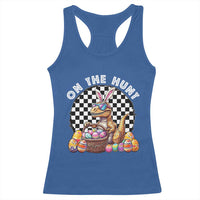 Funny Easter Day Dinosaur Bunny Racerback Tank Top On The Hunt Egg Hunting