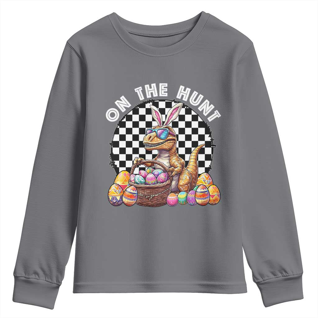Funny Easter Day Dinosaur Bunny Youth Sweatshirt On The Hunt Egg Hunting