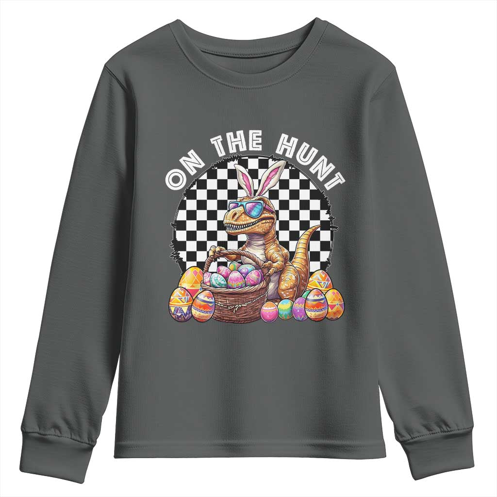 Funny Easter Day Dinosaur Bunny Youth Sweatshirt On The Hunt Egg Hunting