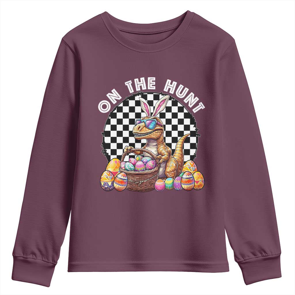 Funny Easter Day Dinosaur Bunny Youth Sweatshirt On The Hunt Egg Hunting