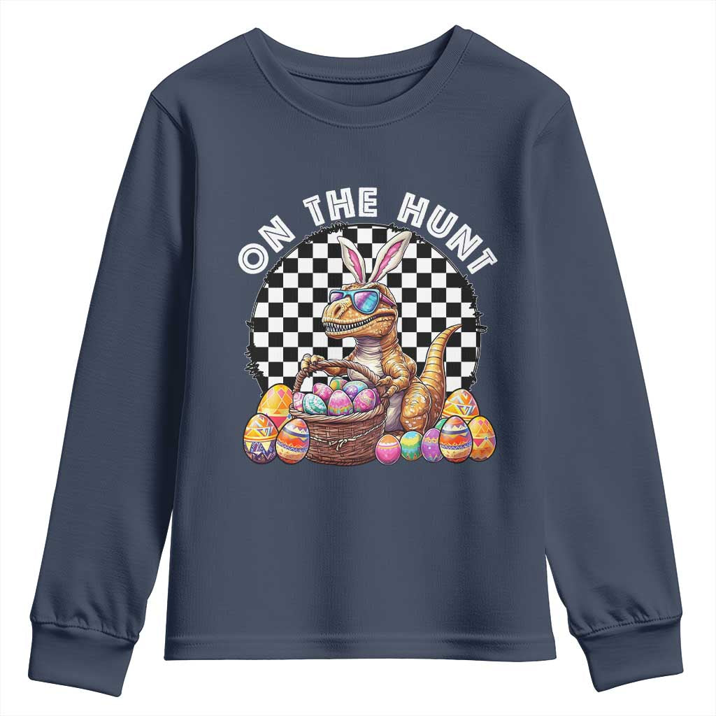 Funny Easter Day Dinosaur Bunny Youth Sweatshirt On The Hunt Egg Hunting