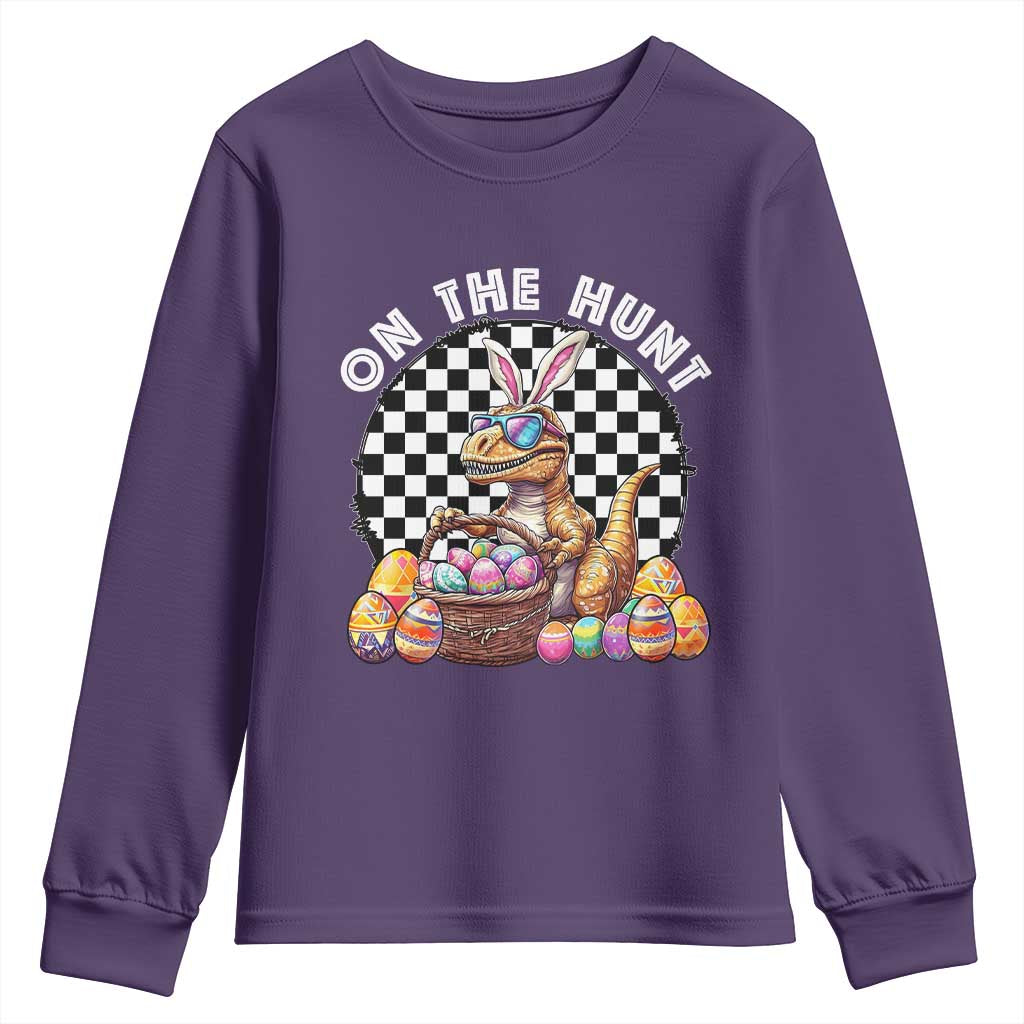 Funny Easter Day Dinosaur Bunny Youth Sweatshirt On The Hunt Egg Hunting