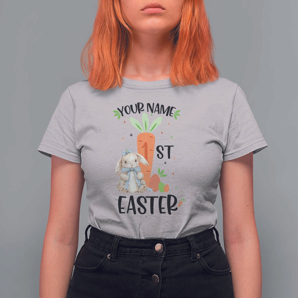 Personalized Easter Day T Shirt For Women Custom Text 1st Easter Cute Bunny Carrot