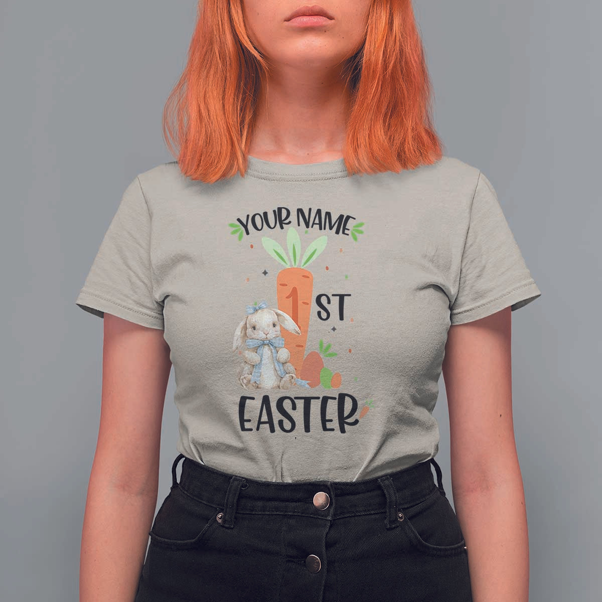 Personalized Easter Day T Shirt For Women Custom Text 1st Easter Cute Bunny Carrot
