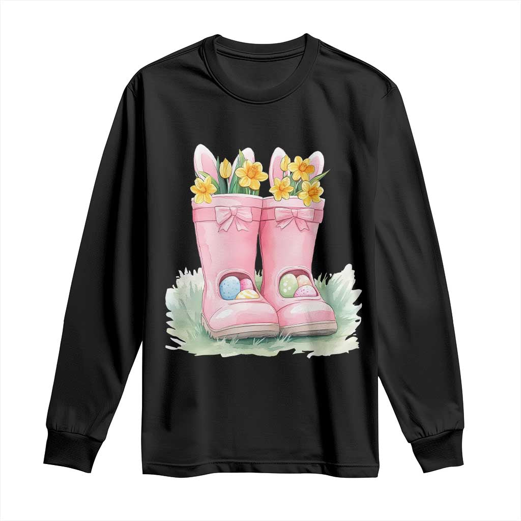 Funny Easter Day Gardening Long Sleeve Shirt Gardener Boots Bunny Ears Colorful Eggs
