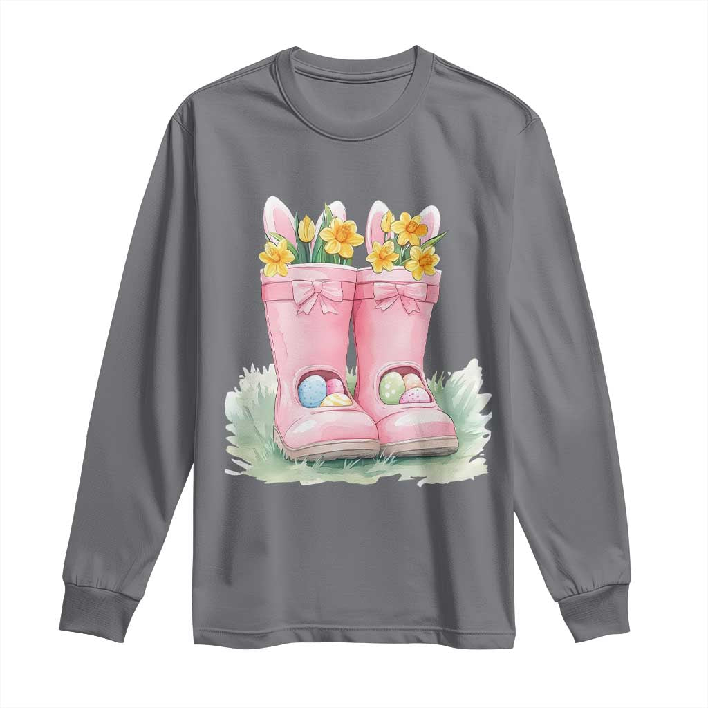 Funny Easter Day Gardening Long Sleeve Shirt Gardener Boots Bunny Ears Colorful Eggs