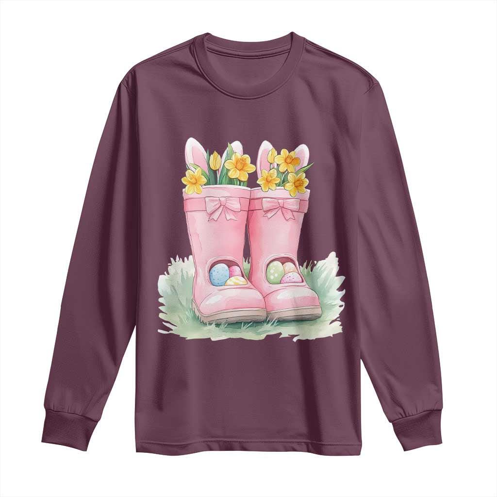 Funny Easter Day Gardening Long Sleeve Shirt Gardener Boots Bunny Ears Colorful Eggs