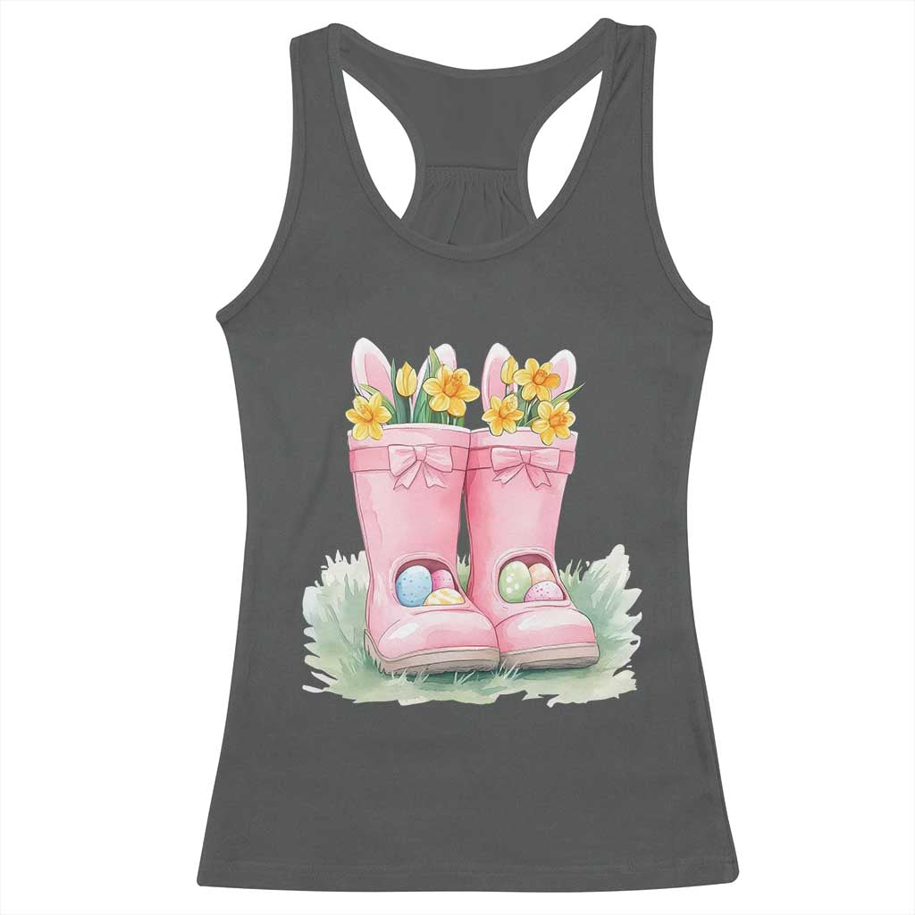 Funny Easter Day Gardening Racerback Tank Top Gardener Boots Bunny Ears Colorful Eggs