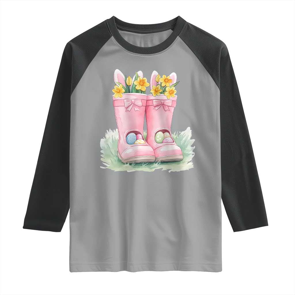 Funny Easter Day Gardening Raglan Shirt Gardener Boots Bunny Ears Colorful Eggs