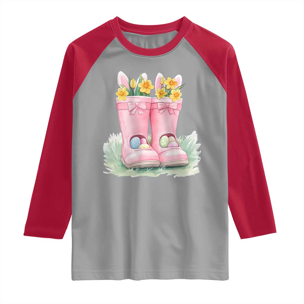 Funny Easter Day Gardening Raglan Shirt Gardener Boots Bunny Ears Colorful Eggs