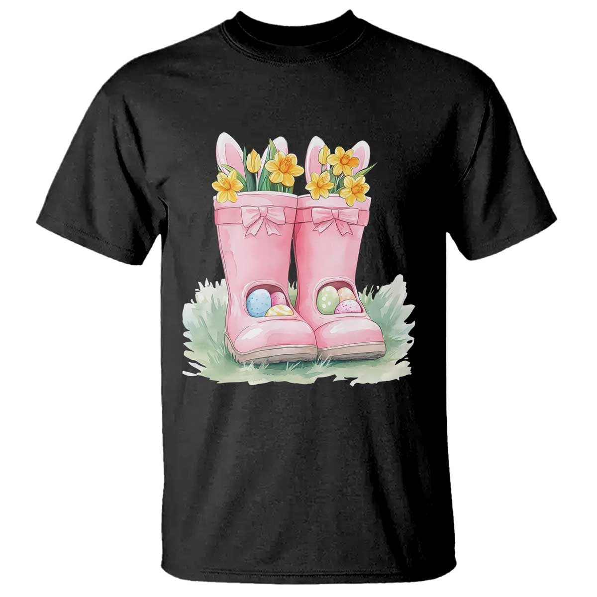 Funny Easter Day Gardening T Shirt Gardener Boots Bunny Ears Colorful Eggs