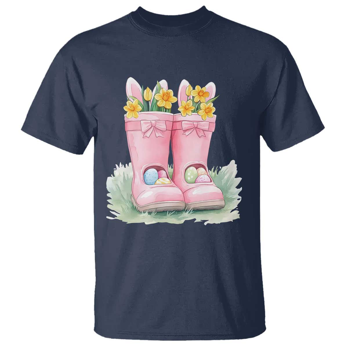 Funny Easter Day Gardening T Shirt Gardener Boots Bunny Ears Colorful Eggs