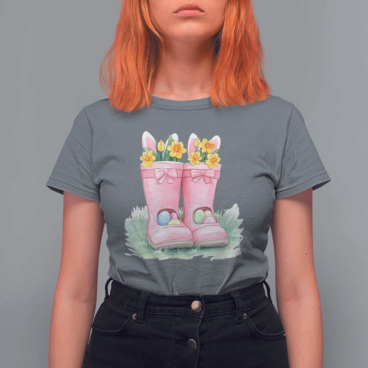 Funny Easter Day Gardening T Shirt For Women Gardener Boots Bunny Ears Colorful Eggs