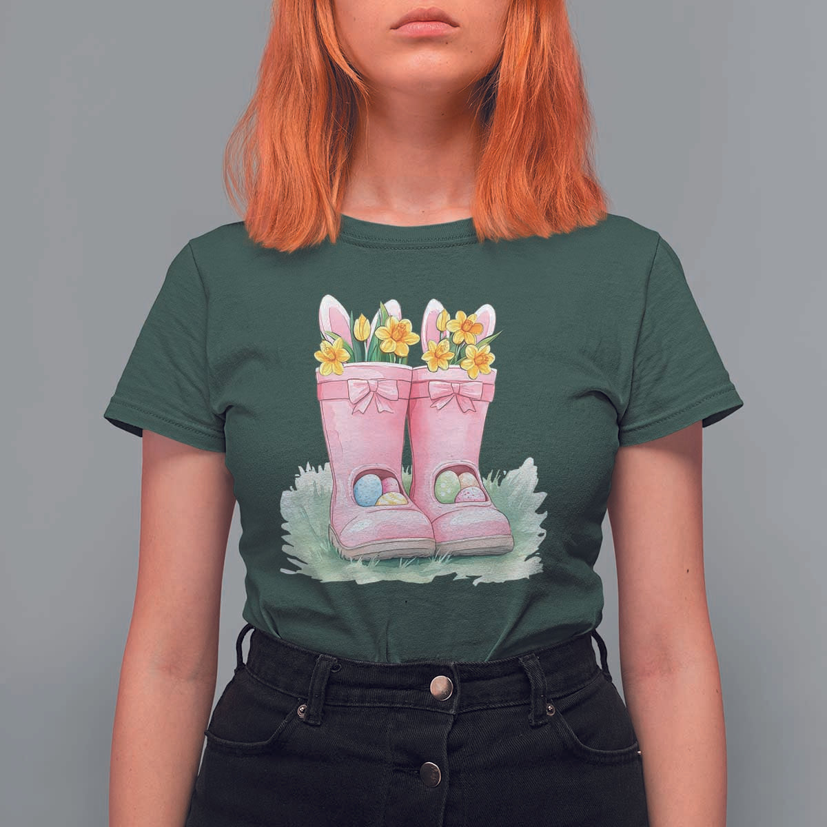 Funny Easter Day Gardening T Shirt For Women Gardener Boots Bunny Ears Colorful Eggs