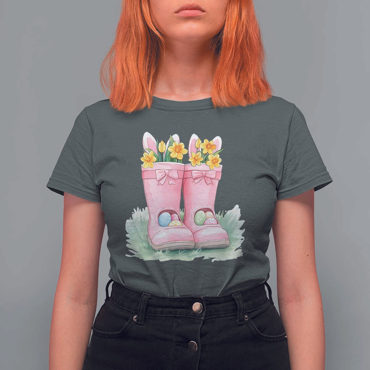 Funny Easter Day Gardening T Shirt For Women Gardener Boots Bunny Ears Colorful Eggs