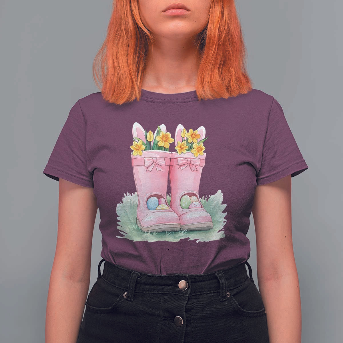 Funny Easter Day Gardening T Shirt For Women Gardener Boots Bunny Ears Colorful Eggs