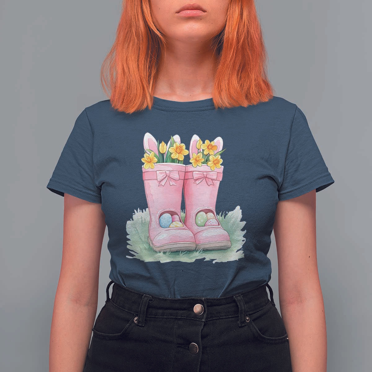 Funny Easter Day Gardening T Shirt For Women Gardener Boots Bunny Ears Colorful Eggs