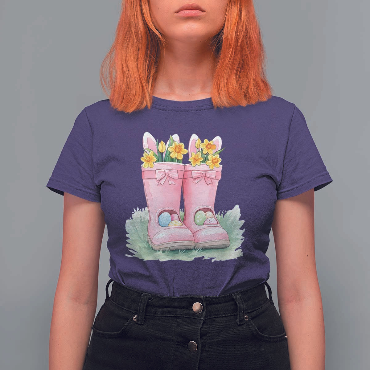 Funny Easter Day Gardening T Shirt For Women Gardener Boots Bunny Ears Colorful Eggs