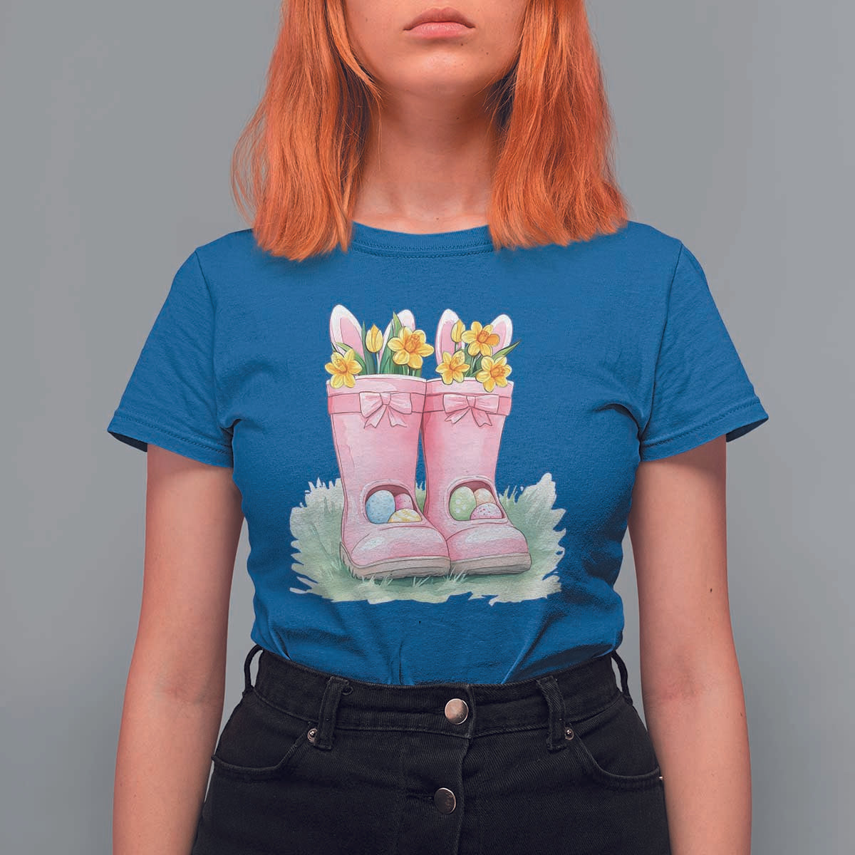Funny Easter Day Gardening T Shirt For Women Gardener Boots Bunny Ears Colorful Eggs