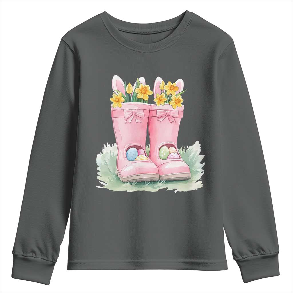 Funny Easter Day Gardening Youth Sweatshirt Gardener Boots Bunny Ears Colorful Eggs