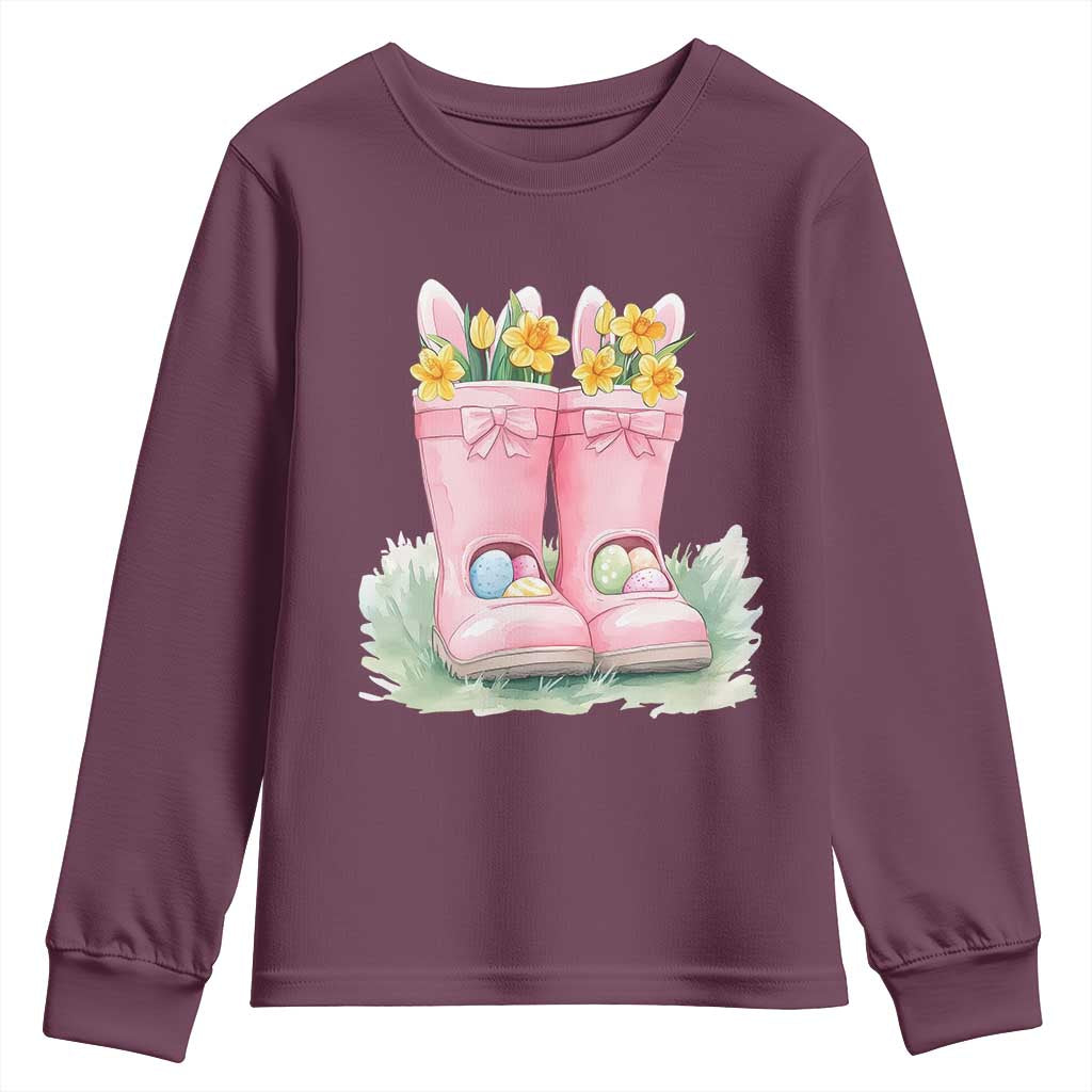 Funny Easter Day Gardening Youth Sweatshirt Gardener Boots Bunny Ears Colorful Eggs
