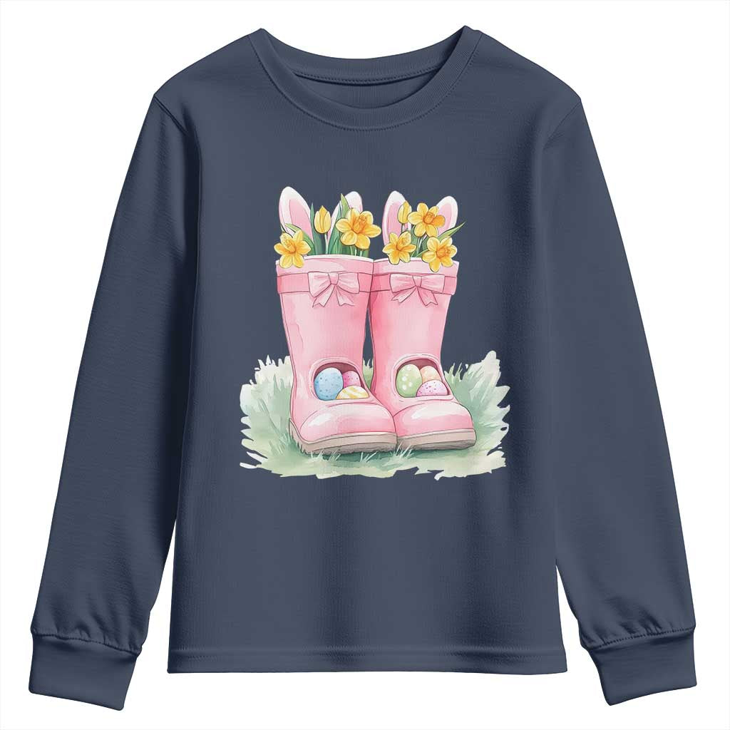 Funny Easter Day Gardening Youth Sweatshirt Gardener Boots Bunny Ears Colorful Eggs