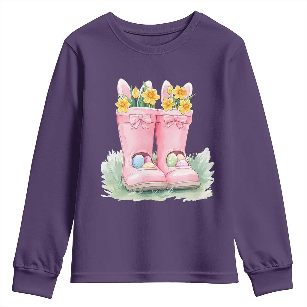 Funny Easter Day Gardening Youth Sweatshirt Gardener Boots Bunny Ears Colorful Eggs