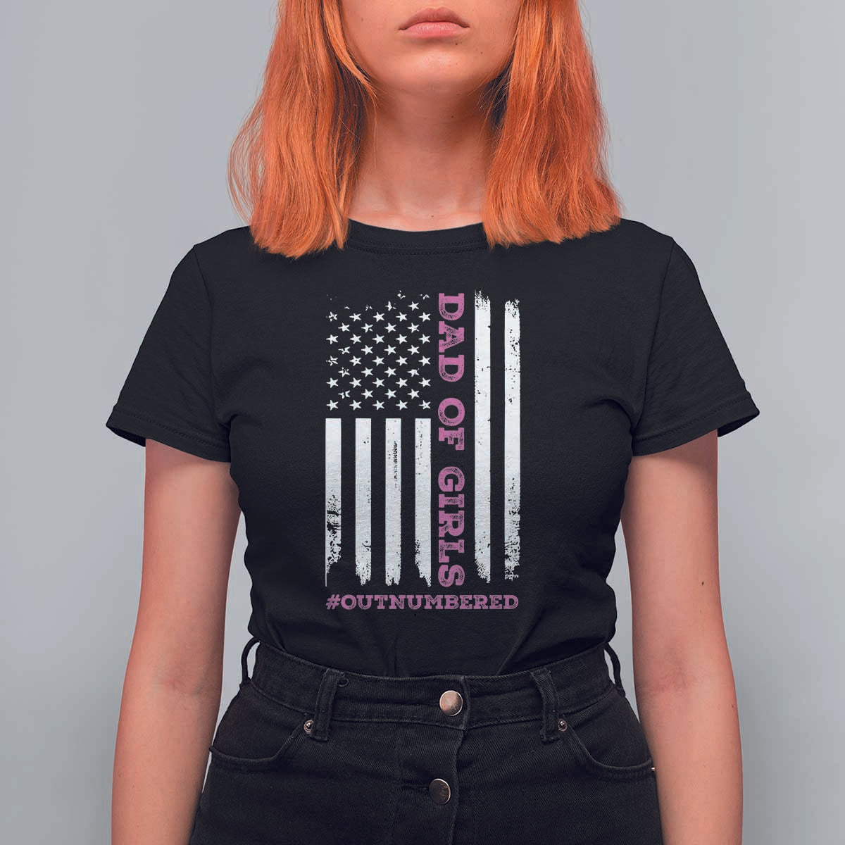 Funny Dad Of Girls Outnumbered T Shirt For Women Vintage American Flag Father's Day