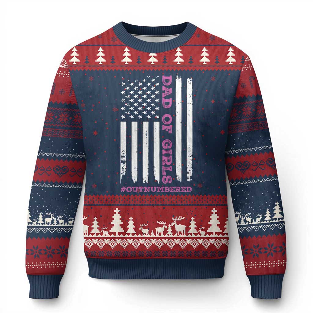 Funny Dad Of Girls Outnumbered Ugly Christmas Sweater Vintage American Flag Father's Day