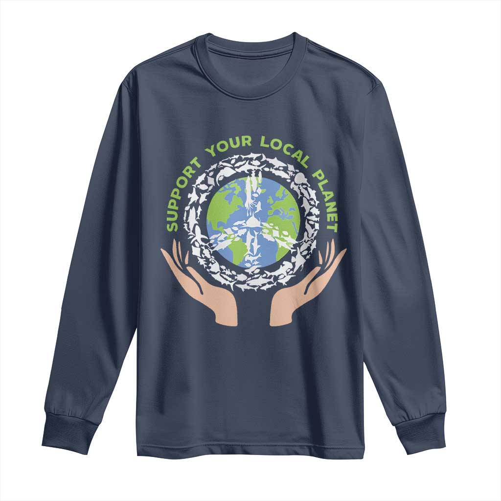 Earth Day Support Your Local Planet Long Sleeve Shirt Peace Sign Animals