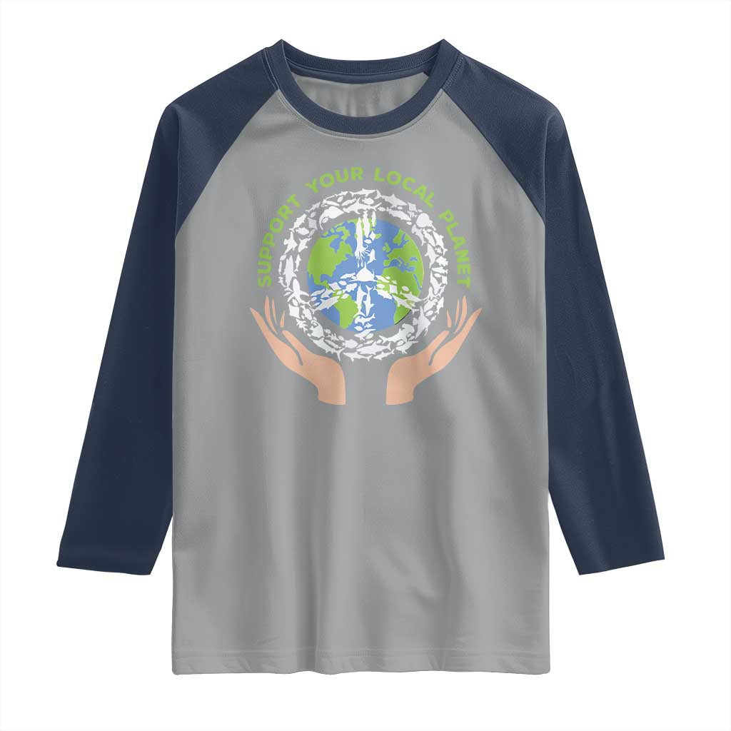 Earth Day Support Your Local Planet Raglan Shirt Peace Sign Animals