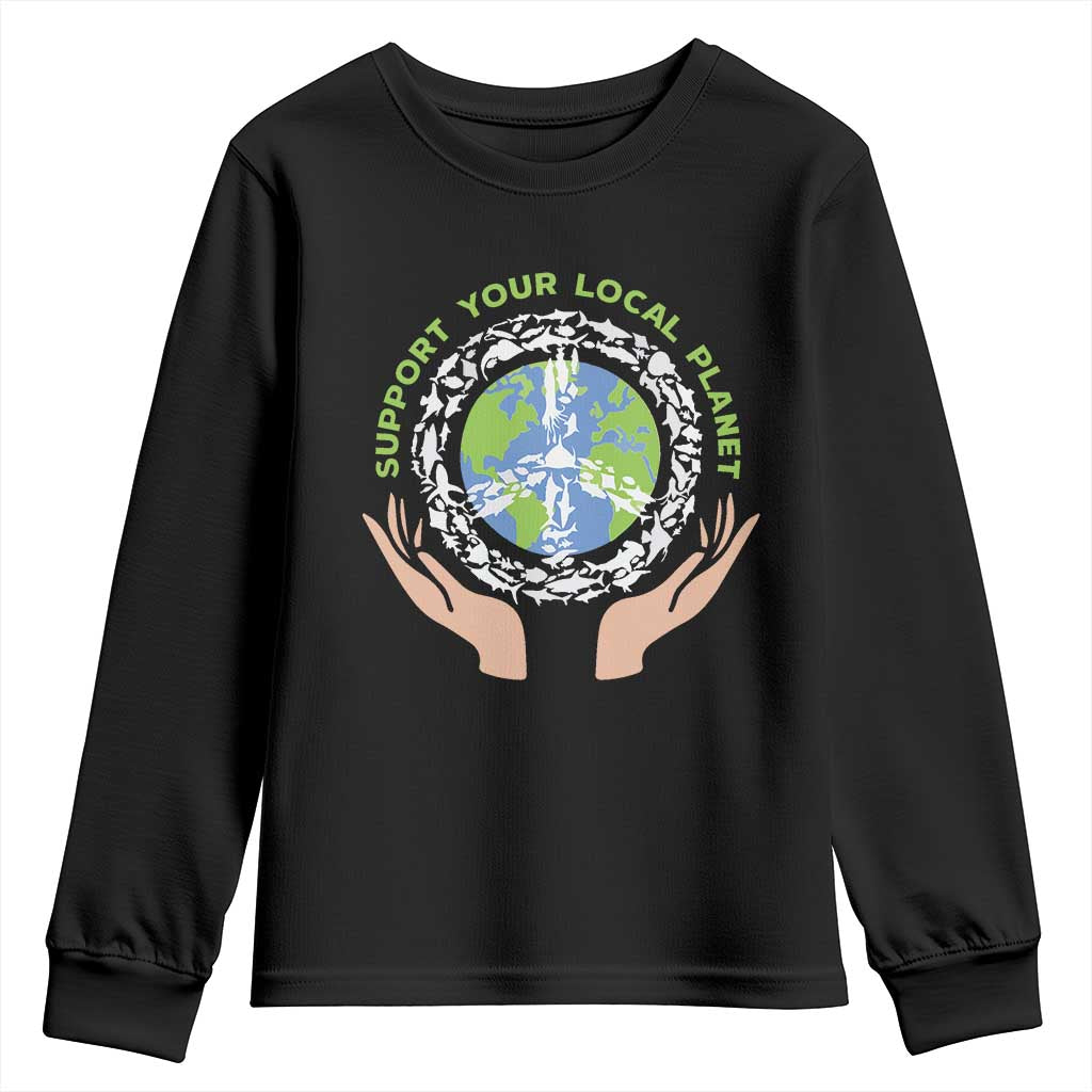 Earth Day Support Your Local Planet Youth Sweatshirt Peace Sign Animals