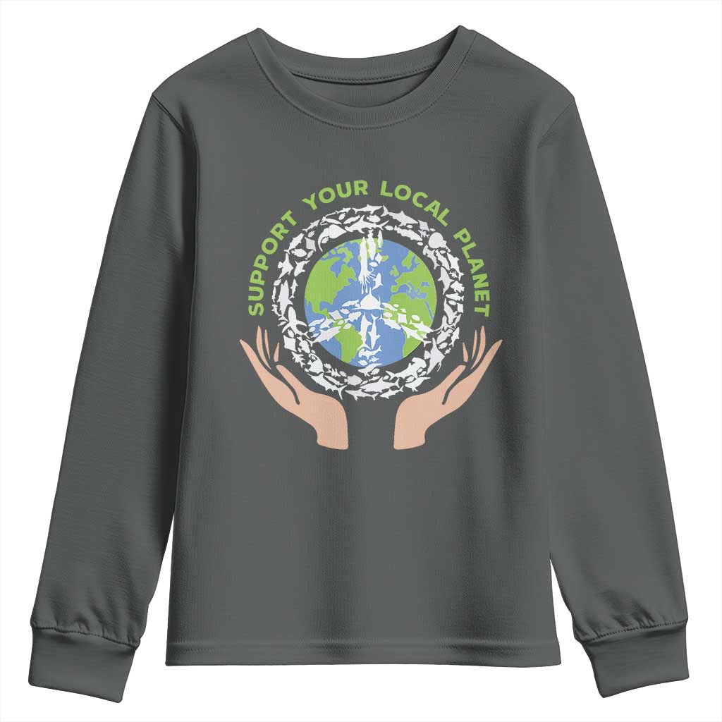 Earth Day Support Your Local Planet Youth Sweatshirt Peace Sign Animals