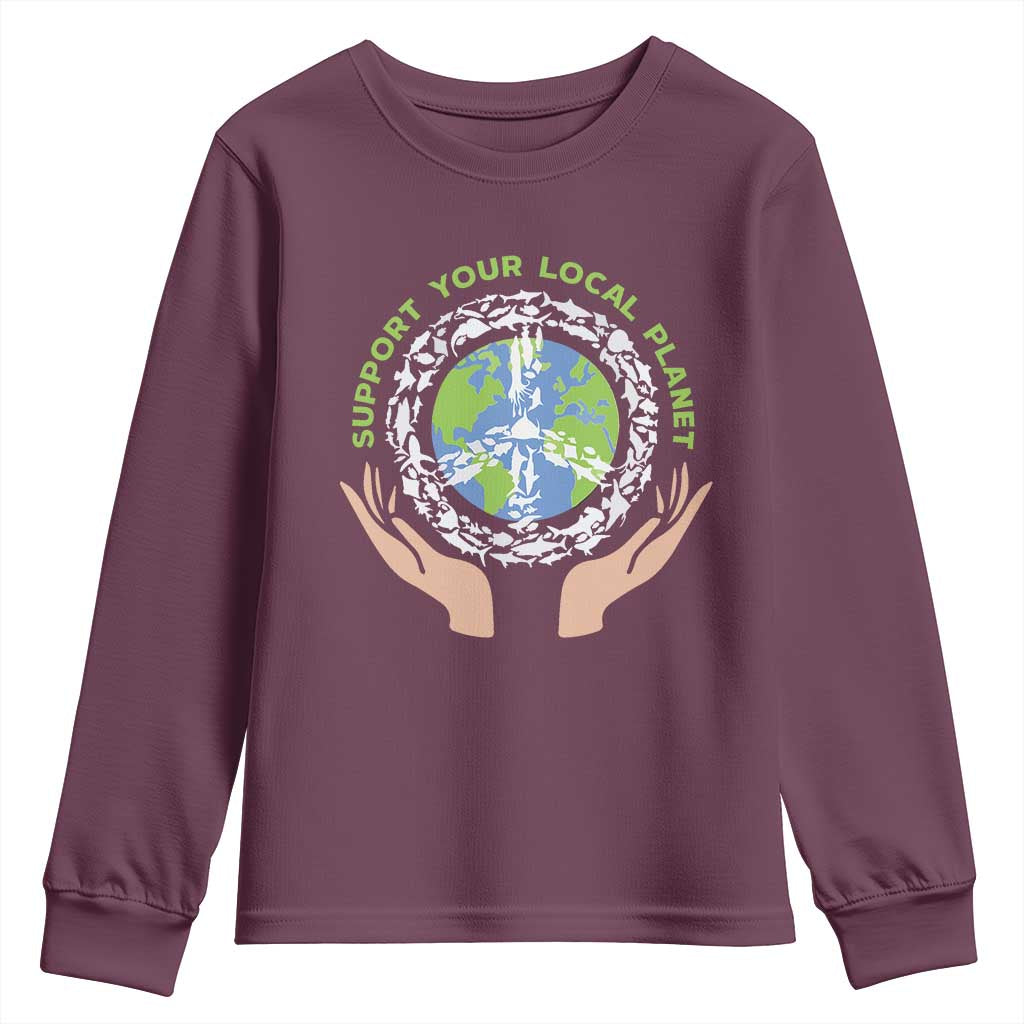 Earth Day Support Your Local Planet Youth Sweatshirt Peace Sign Animals