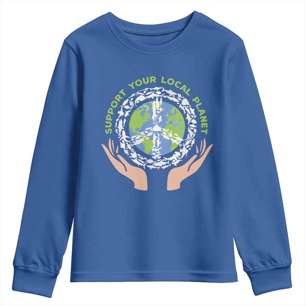 Earth Day Support Your Local Planet Youth Sweatshirt Peace Sign Animals