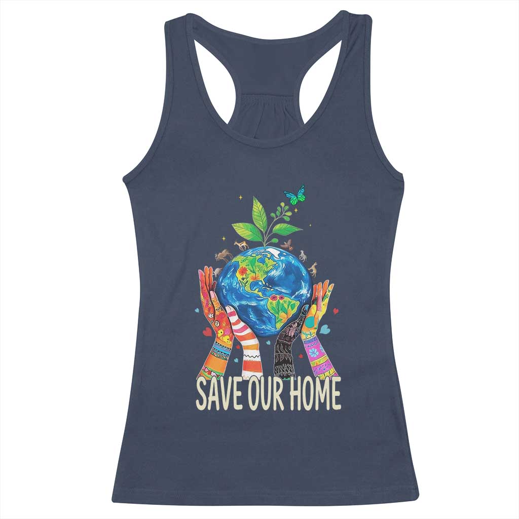 Save Our Home Animals Wildlife Conservation Earth Day Racerback Tank Top