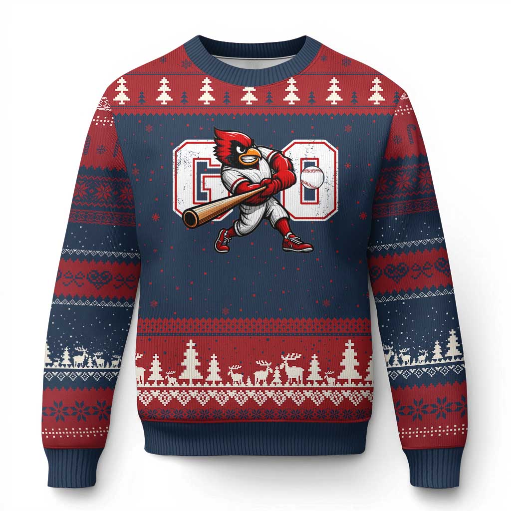 Go Cardinal Playing Baseball Graphic Ugly Christmas Sweater for Sports Fan