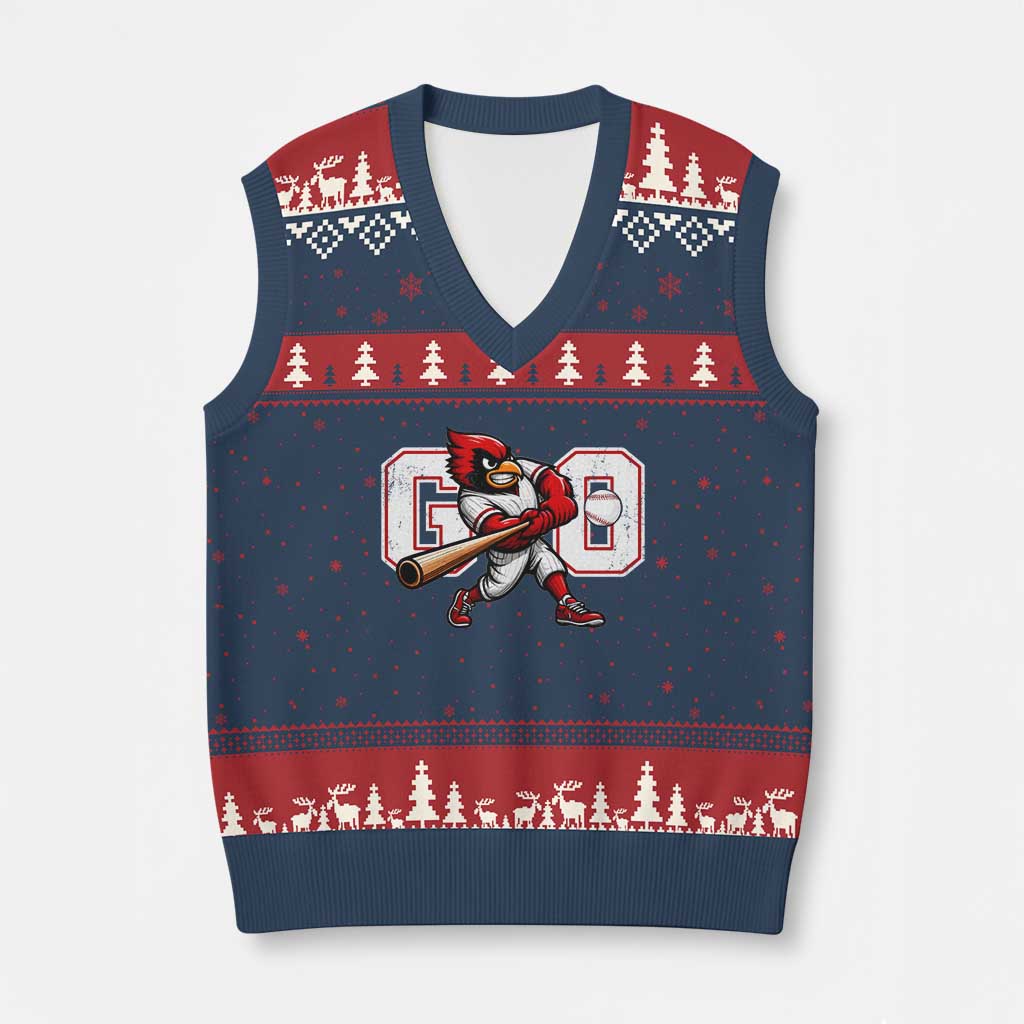 Go Cardinal Playing Baseball Graphic V-Neck Knit Sweater Vest for Sports Fan