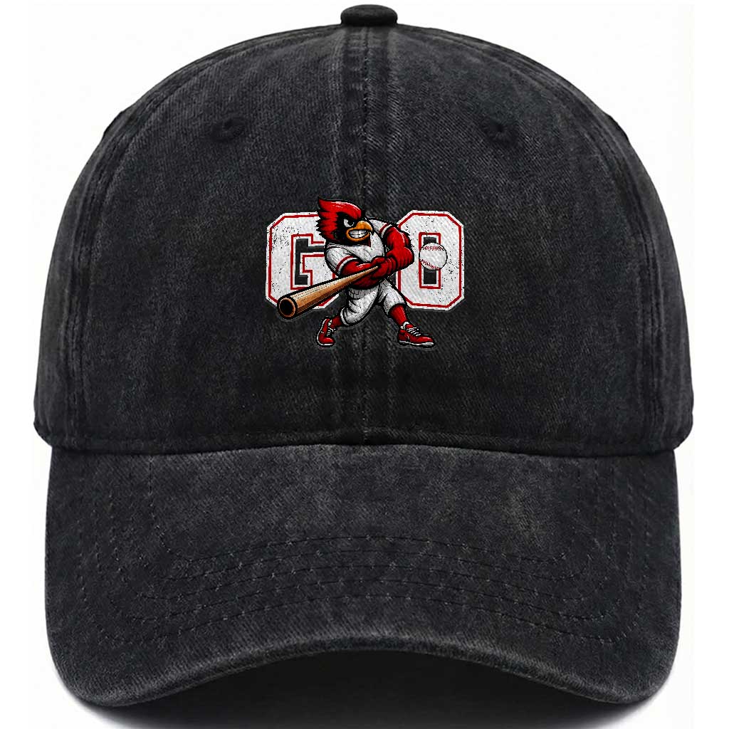 Go Cardinal Playing Baseball Graphic Washed Cotton Baseball Cap for Sports Fan