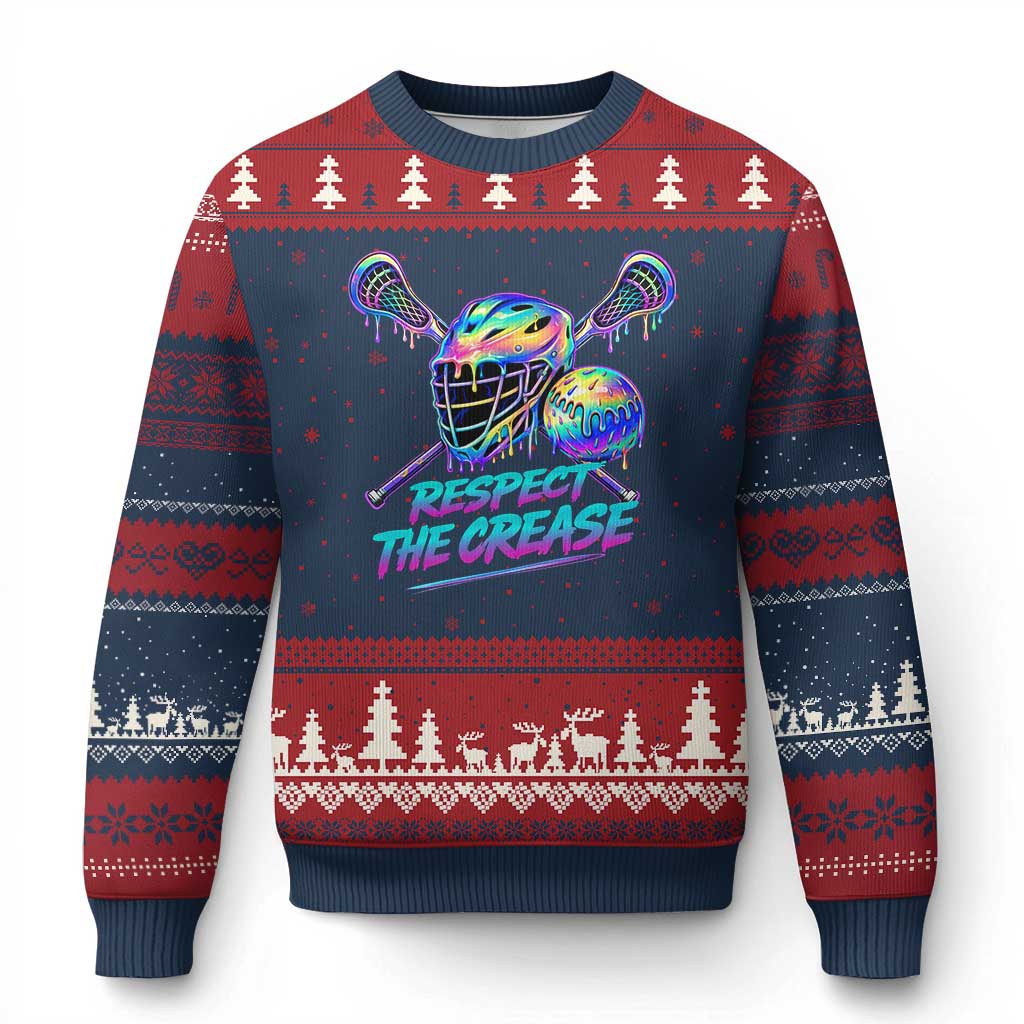 Respect The Crease Lacrosse Drip Ugly Christmas Sweater Funny Lax Goalie