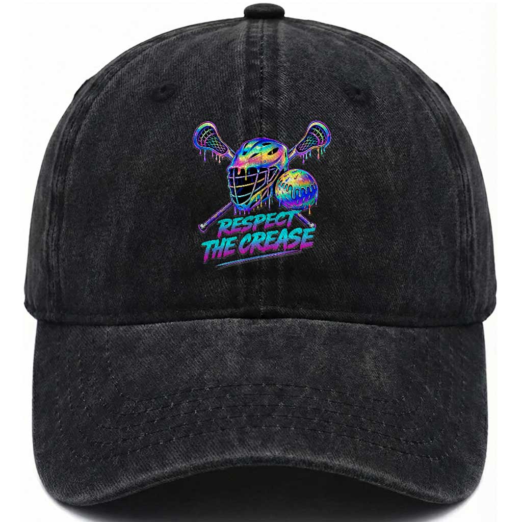 Respect The Crease Lacrosse Drip Washed Cotton Baseball Cap Funny Lax Goalie