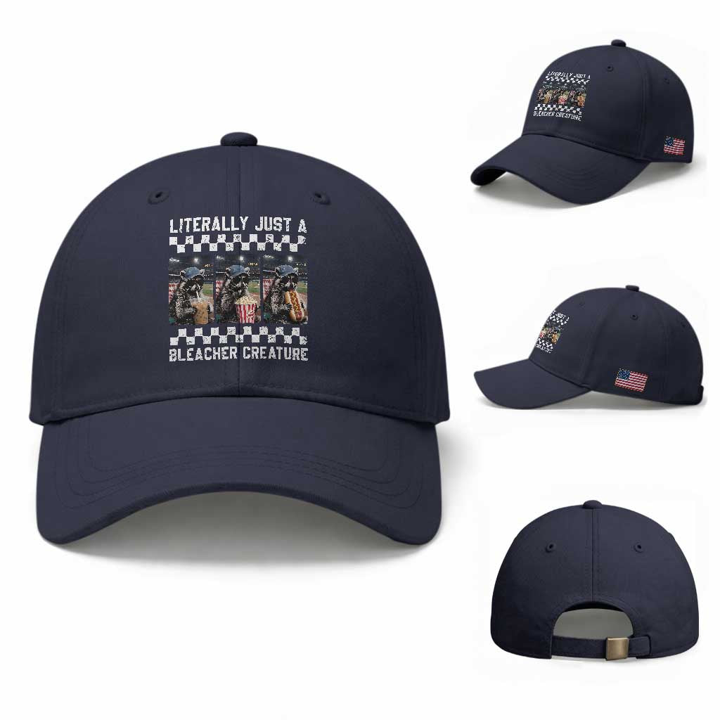 Baseball Raccoon Literally Just a Bleacher Creature Baseball Cap Funny Trash Panda At Ballfield