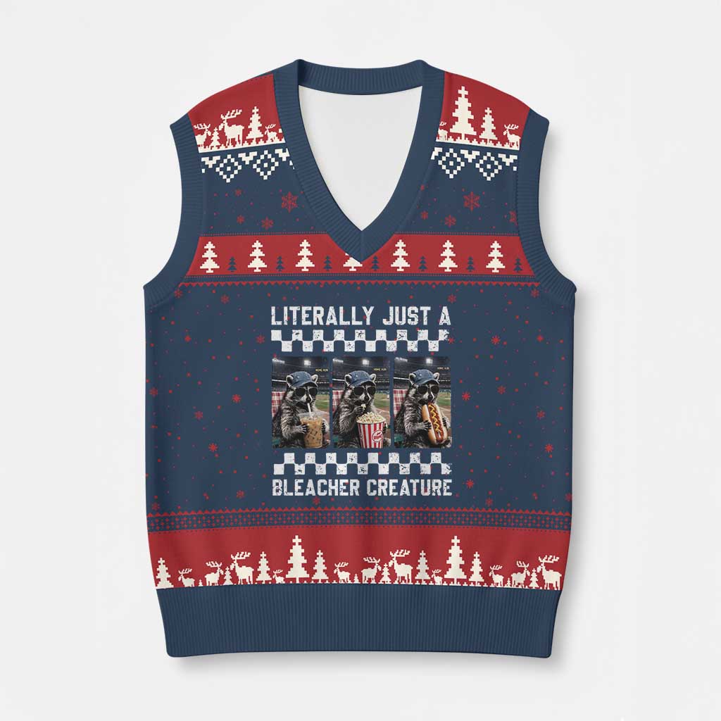 Baseball Raccoon Literally Just a Bleacher Creature V-Neck Knit Sweater Vest Funny Trash Panda At Ballfield
